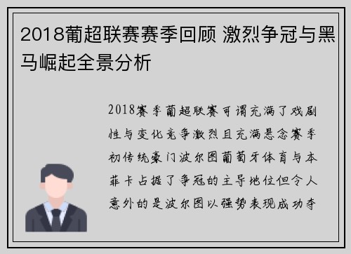 2018葡超联赛赛季回顾 激烈争冠与黑马崛起全景分析